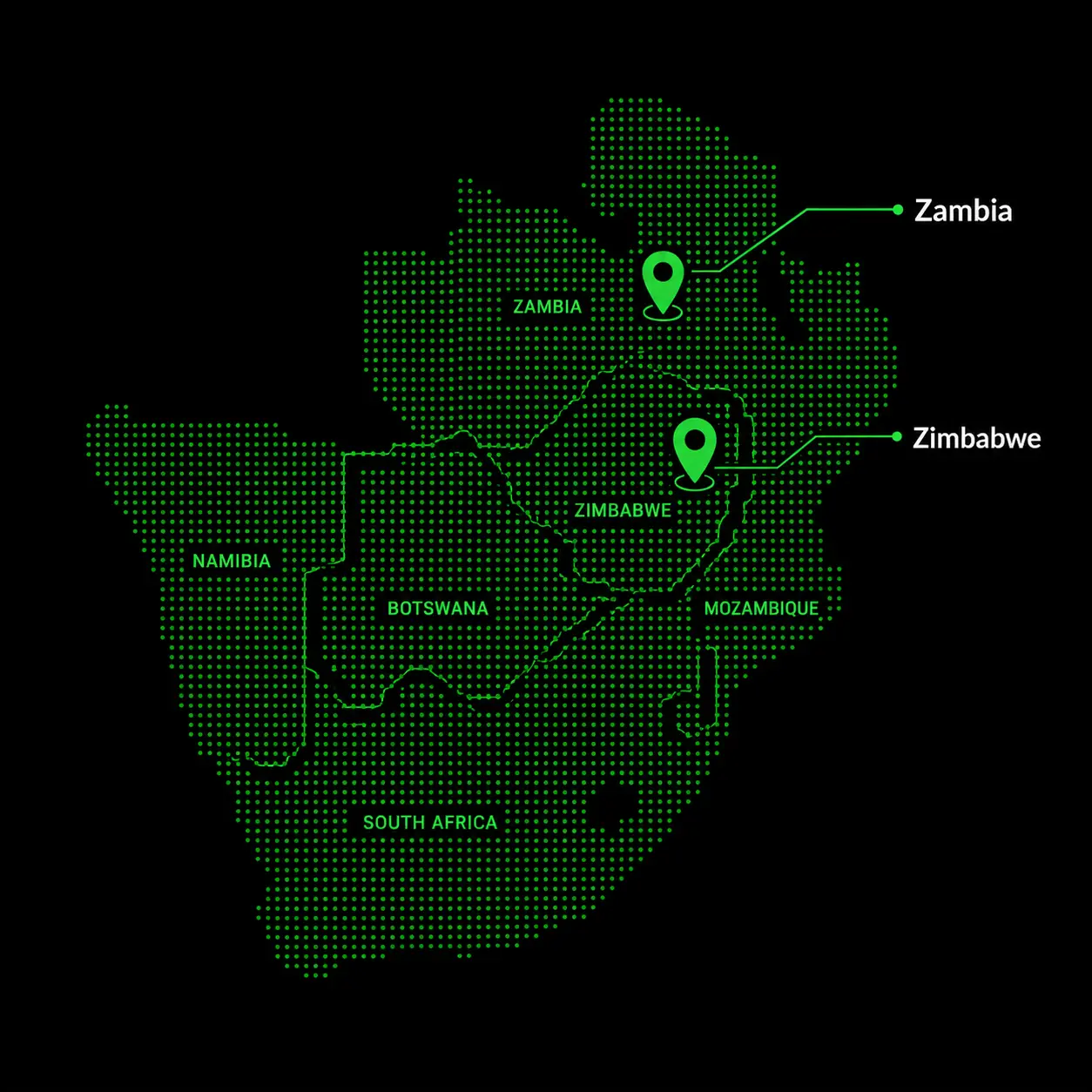 Map of Southern Africa with GC Solar locations in South Africa, Zambia and Zimbabwe