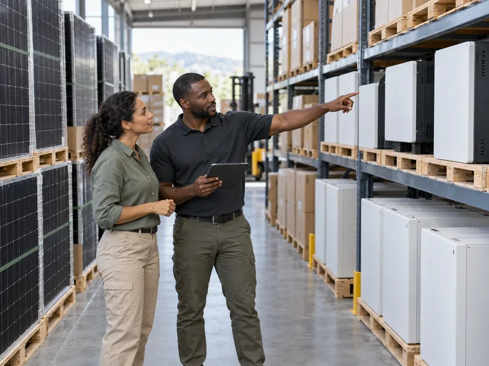 Two people checking solar stock in a warehouse